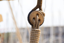 Close Up Of A Rigging Element Of An Old Sail Boat In Barcelona