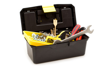 Sticker - plastic toolbox and tools on white background.