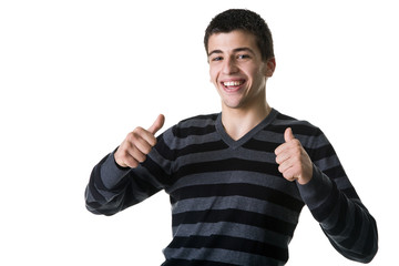 Portrait of a handsome young man, with a thumbs up gesture.