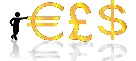 Wall Mural - Person Symbol Leans on Shiny Gold Euro Pound Dollar Symbols