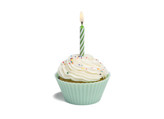 Pink cupcake with candle on white background