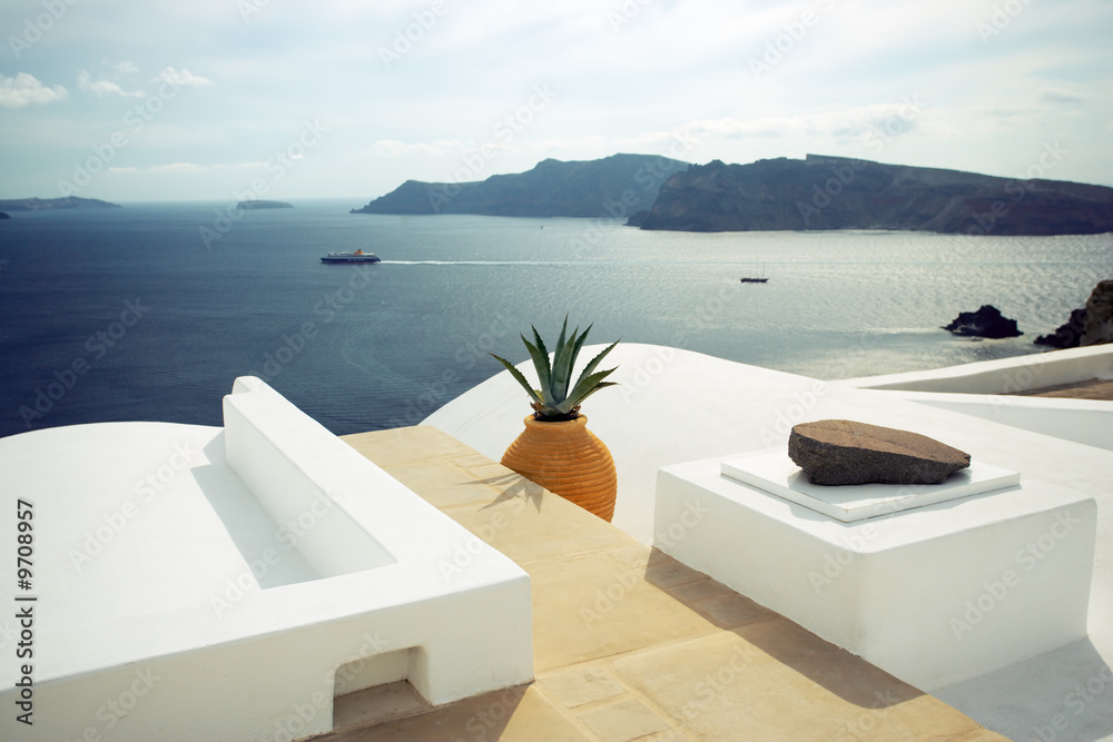 summer scene in santorini island, greece - obrazy, fototapety, plakaty 