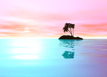 Romantic Pink Desert Island With Palm Tree Sillhouette