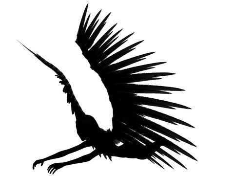 3D rendered angel silhouette,unfolded wings,white background