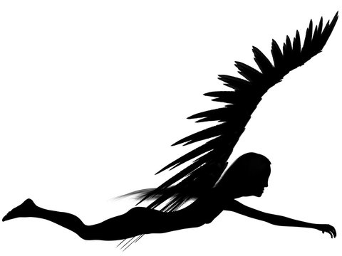 3D rendered angel silhouette,unfolded wings,white background