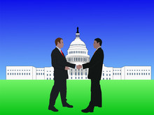 Business Men Shaking Hands With Capitol Building