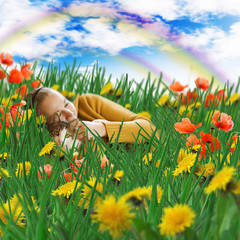 Wall Mural - woman and cat lying in grass on a meadow