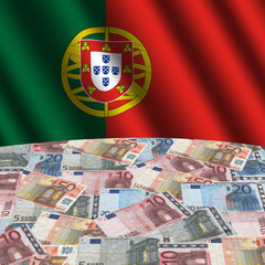 Wall Mural - rippled Portuguese flag with euros globe illustration