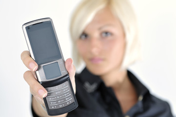 young business woman holding new modern cellphone