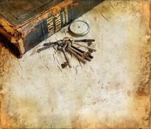 Vintage Bible With Pocketwatch And Keys Grunge Background