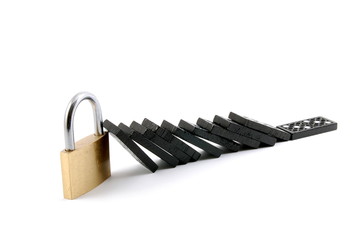 Poster - some dominos and a padlock for security isolated on white