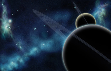 Wall Mural - digital created starfield with cosmic nebula and two planets