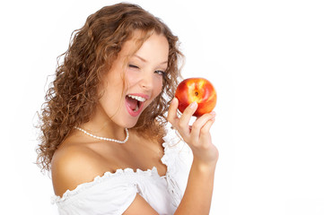 Sticker - Beautiful young woman eating a red apple. Isolated over white.