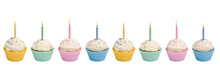 Cupcakes With Candle Border On White Background