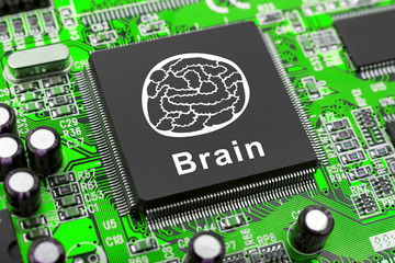 Brain symbol on computer chip, technology concept