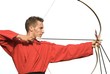 Young male archer aiming with perfect geometry, isolated