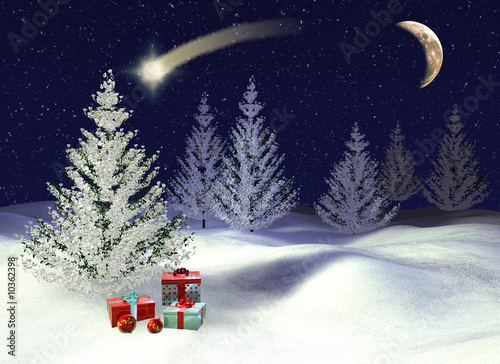 Foto-Rollo - verschneite Tannen mit Weihnachtsgeschenken (von Phoenixpix)