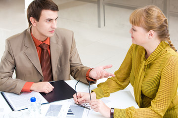 Wall Mural - Two successful leaders communicating at meeting in office