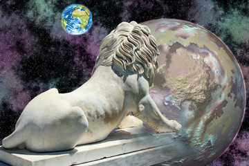 Wall Mural - white lion statue looking at blue earth in open cosmos