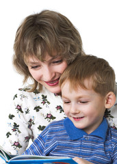 Wall Mural - Happy son with mother read the book