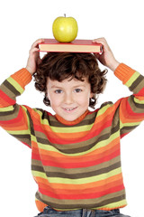 Poster - Adorable child studying with books and apple in the head