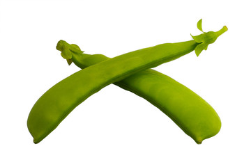 Two closed pods of peas on a white background