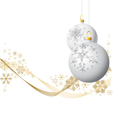 White Christmas bulbs with golden snowflakes on white background