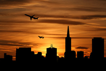 Wall Mural - San Francisco skyline with planes