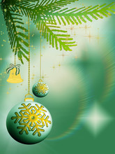 Christmas Bulbs And Bell On Green Background