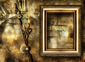 artwork with empty frame and clocks