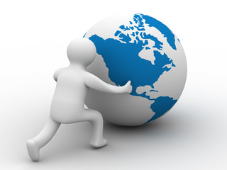 Wall Mural - man rolls the globe on a white background. Isolated 3D image.