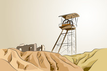 Abandoned Mine With Tower And Ruins - Vector Illustration