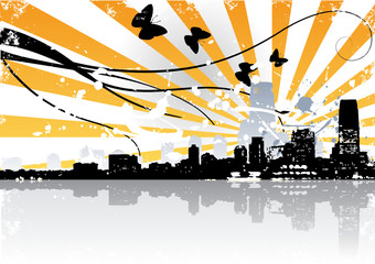 Grunge Background With City Buildings Silhouetted.