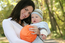 Mother And Baby Boy With Pumpkin - Fall Theme