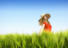 Blond Girl In A Green Wheat Field, Outdoor Freedom