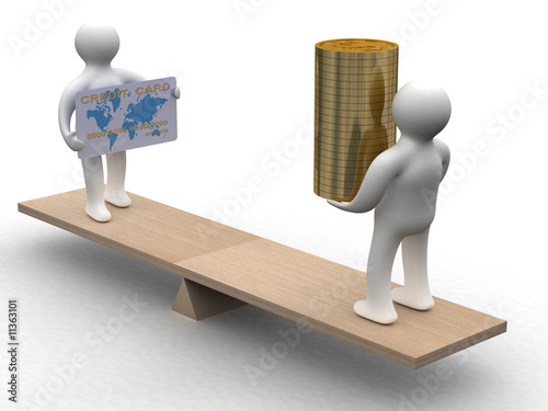 People with cash and a credit card on weights. 3D image