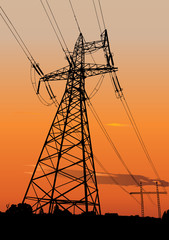 Vector sunset silhouette of Power line and electric pylons