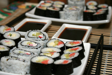 sushi plate with chopsticks. Shallow dof.