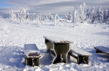 Seats Table Cover With Snow In Mountains
