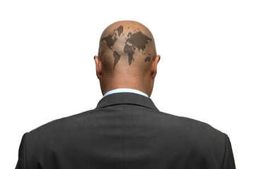 Businessman back with world map in is head