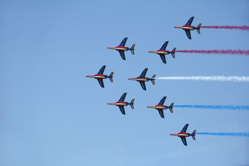 Formation of jet planes with coloured smoke trails