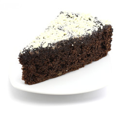 Choco cake with white chocolate on white background