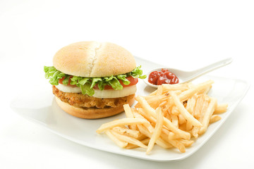 crisp chicken burger with tomato onion cheese lettuce