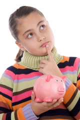 Wall Mural - Adorable girl with moneybox thinking