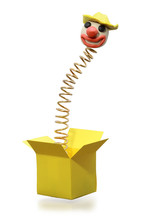 Metal Spring With Clown Head Jumping From Yellow Box