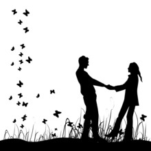 Couple On Meadow, Black Silhouette