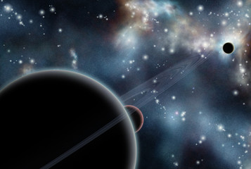 digital created starfield with cosmic nebula and planets