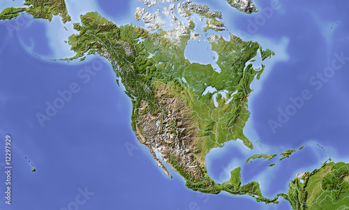 Obraz w ramie North and Central America, shaded relief map