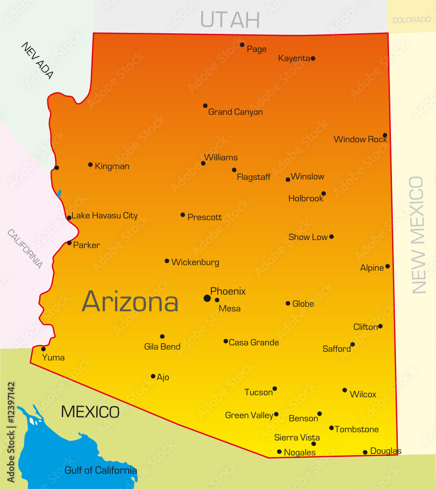 Vector color map of Arizona state. Usa