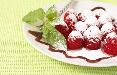 Fresh raspberry dessert with mint